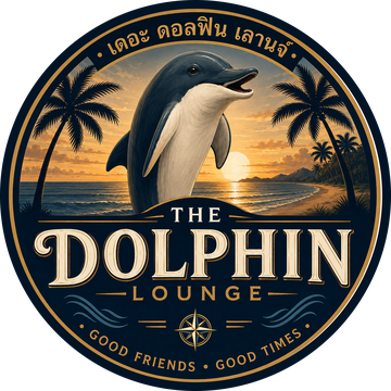 The Dolphin Lounge logo: a dolphin leaping over a beach at sunset, with the motto Good Friends, Good Times
